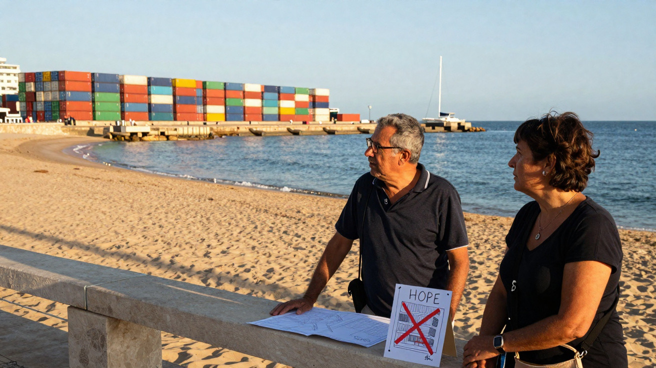 Casal observa contentores no porto junto à praia ao pôr do sol, com placa "Hope" marcada com um X vermelho.
