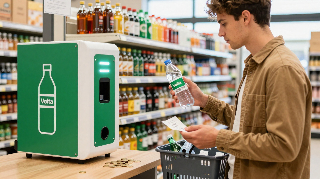 Homem devolve garrafa de plástico numa máquina de reciclagem num supermercado.