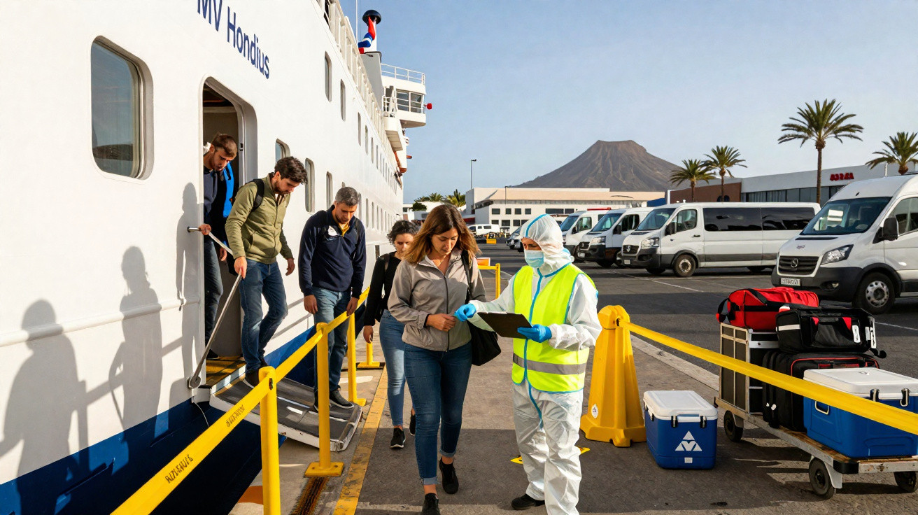 Pessoas desembarcando de navio de cruzeiro e sendo verificadas por funcionário com equipamento de proteção.