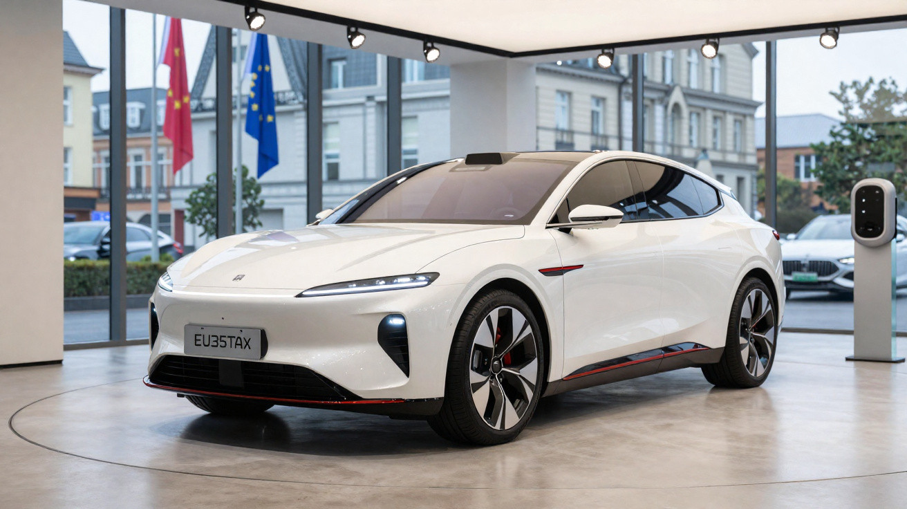 Automóvel elétrico branco exposto em showroom moderno com caixas de carregamento ao fundo.