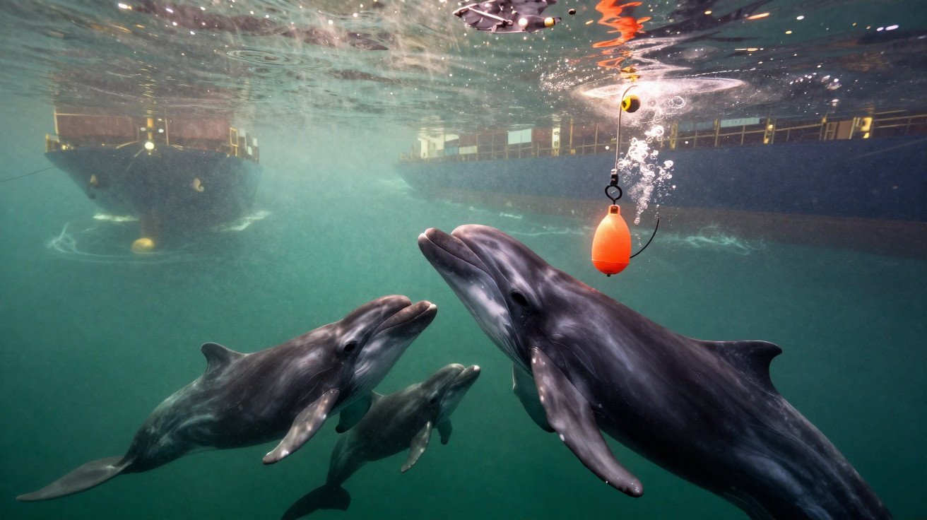Três golfinhos nadam juntos debaixo de água perto de dois barcos e um dispositivo laranja suspenso.