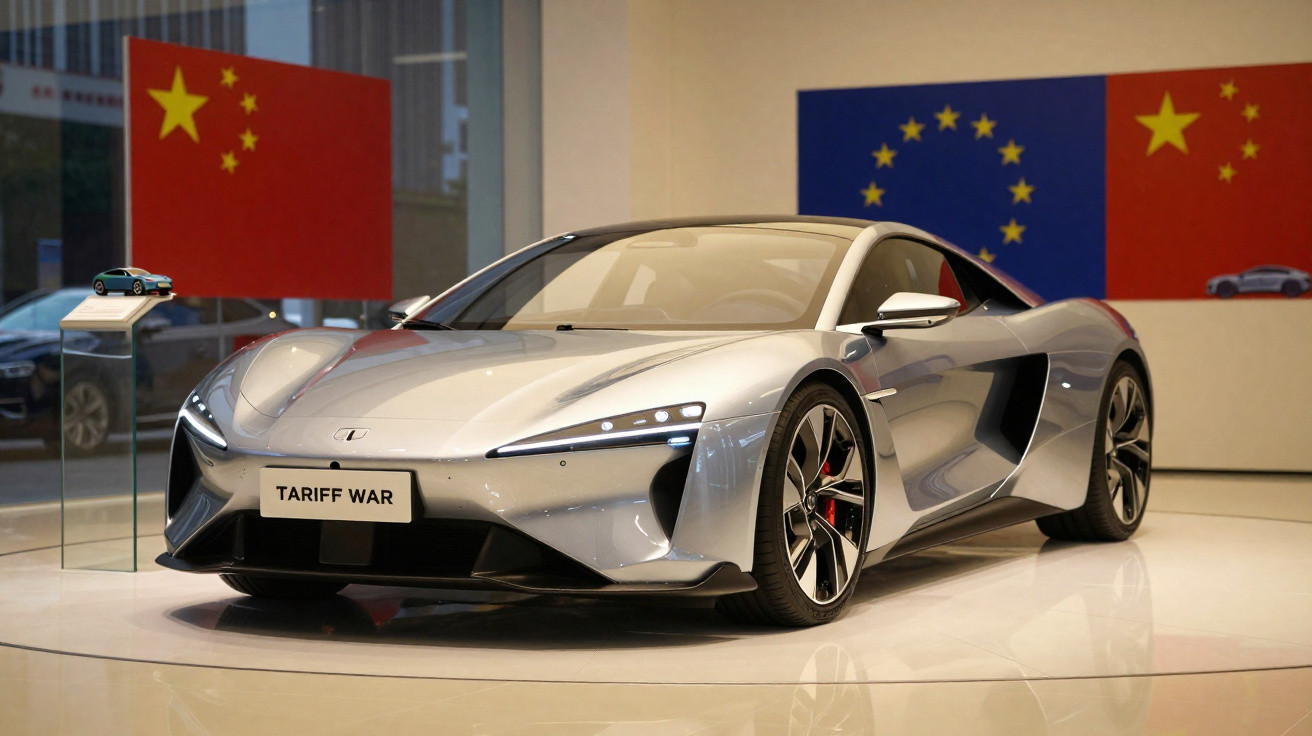 Carro desportivo cinzento em exposição com bandeiras da China e União Europeia ao fundo.