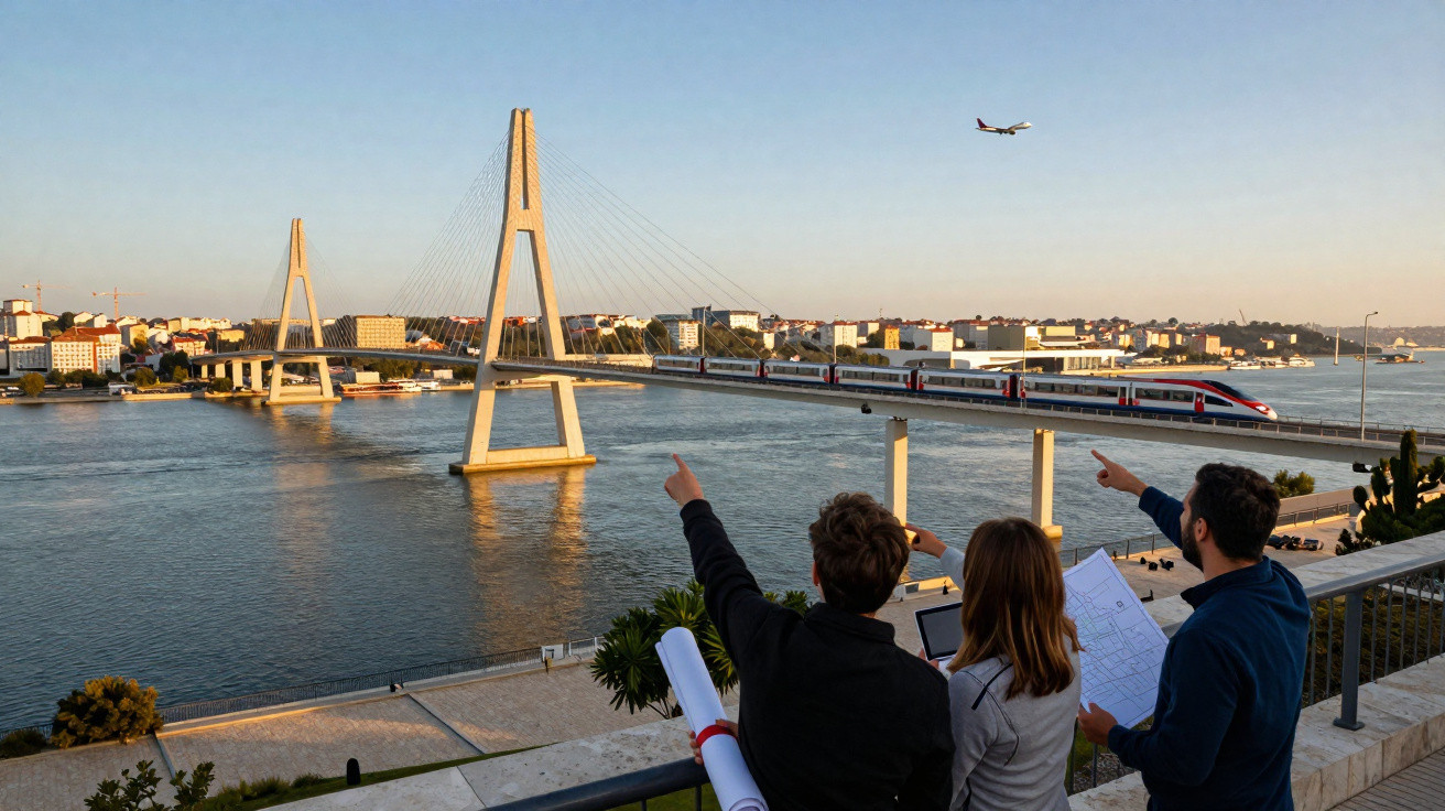 Três pessoas observam e apontam para um comboio a passar na ponte sobre o rio num dia de sol.