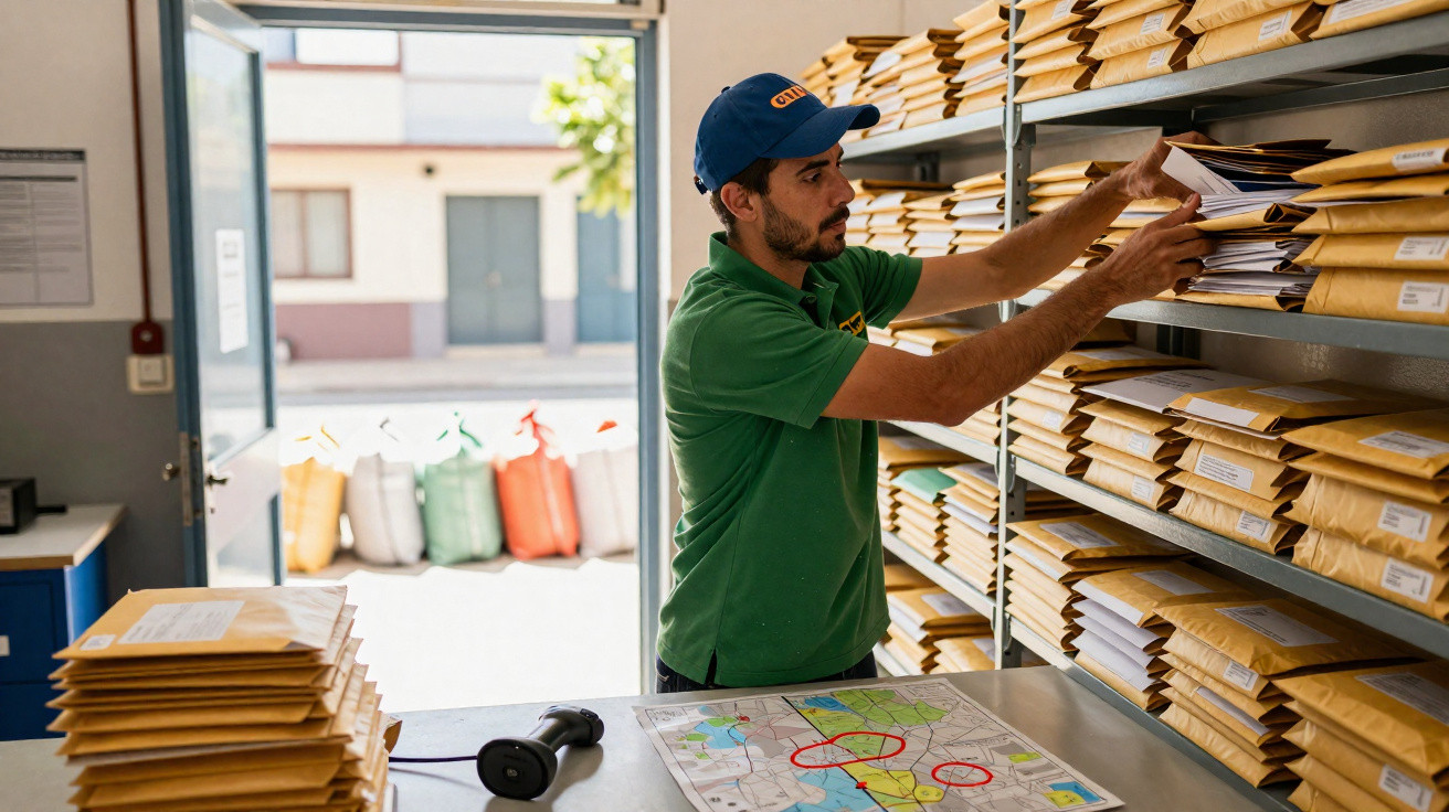 Funcionário organiza envelopes amarelos em estantes numa área de expedição com mapa sobre a mesa.
