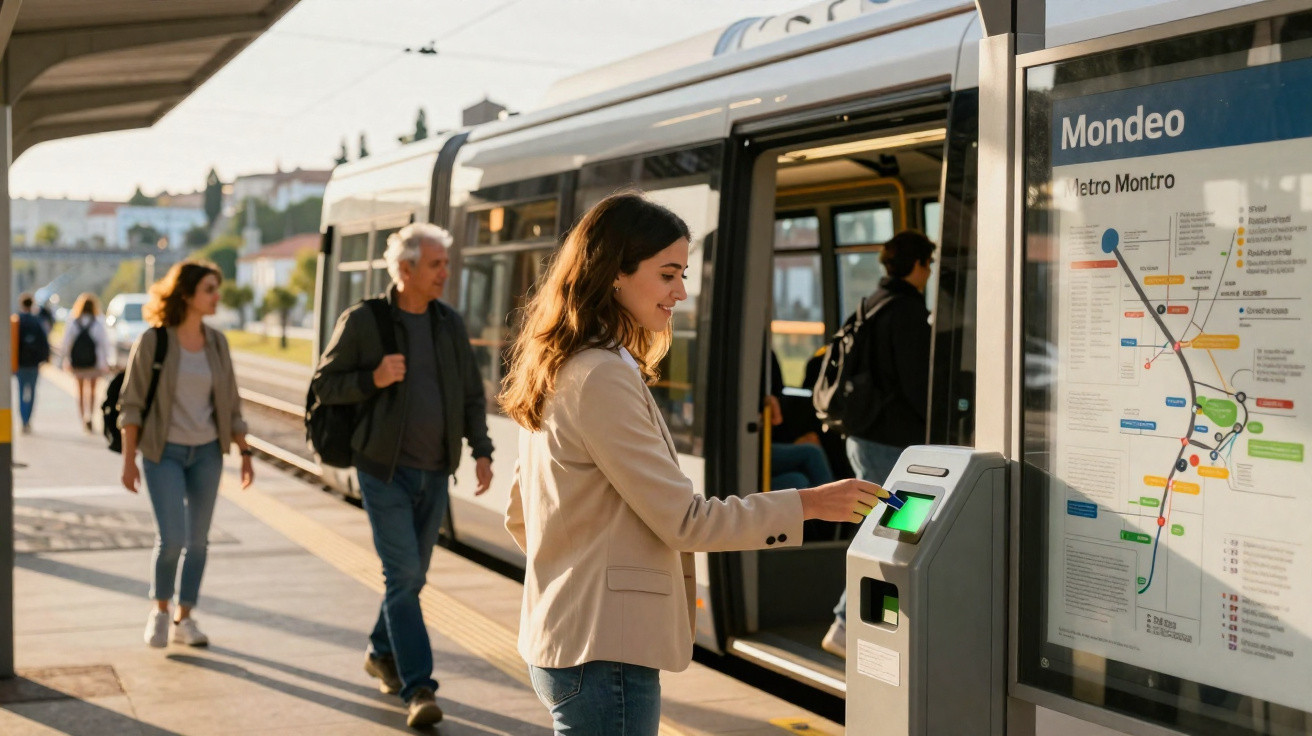 Mulher a validar cartão numa estação de metro com comboio e mapa de linhas ao fundo, durante o dia.