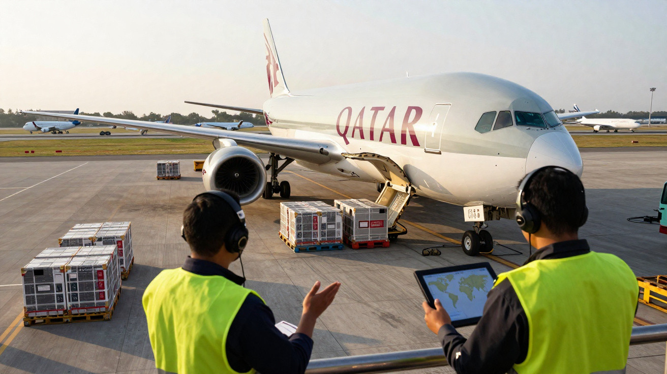 Dois trabalhadores com coletes amarelos controlam carga no aeroporto junto a avião da Qatar Airways.