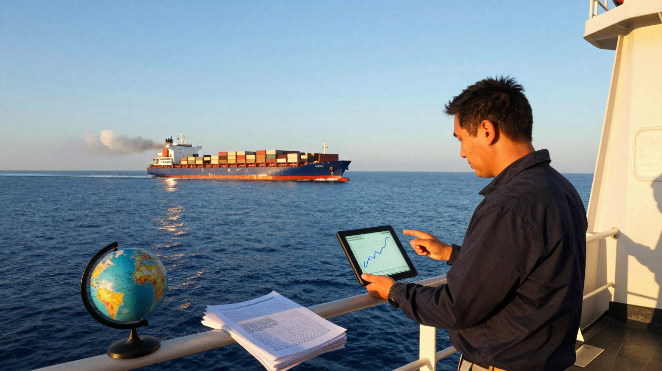 Homem com tablet analisa gráficos no convés de navio, com navio porta-contentores ao longe no mar.