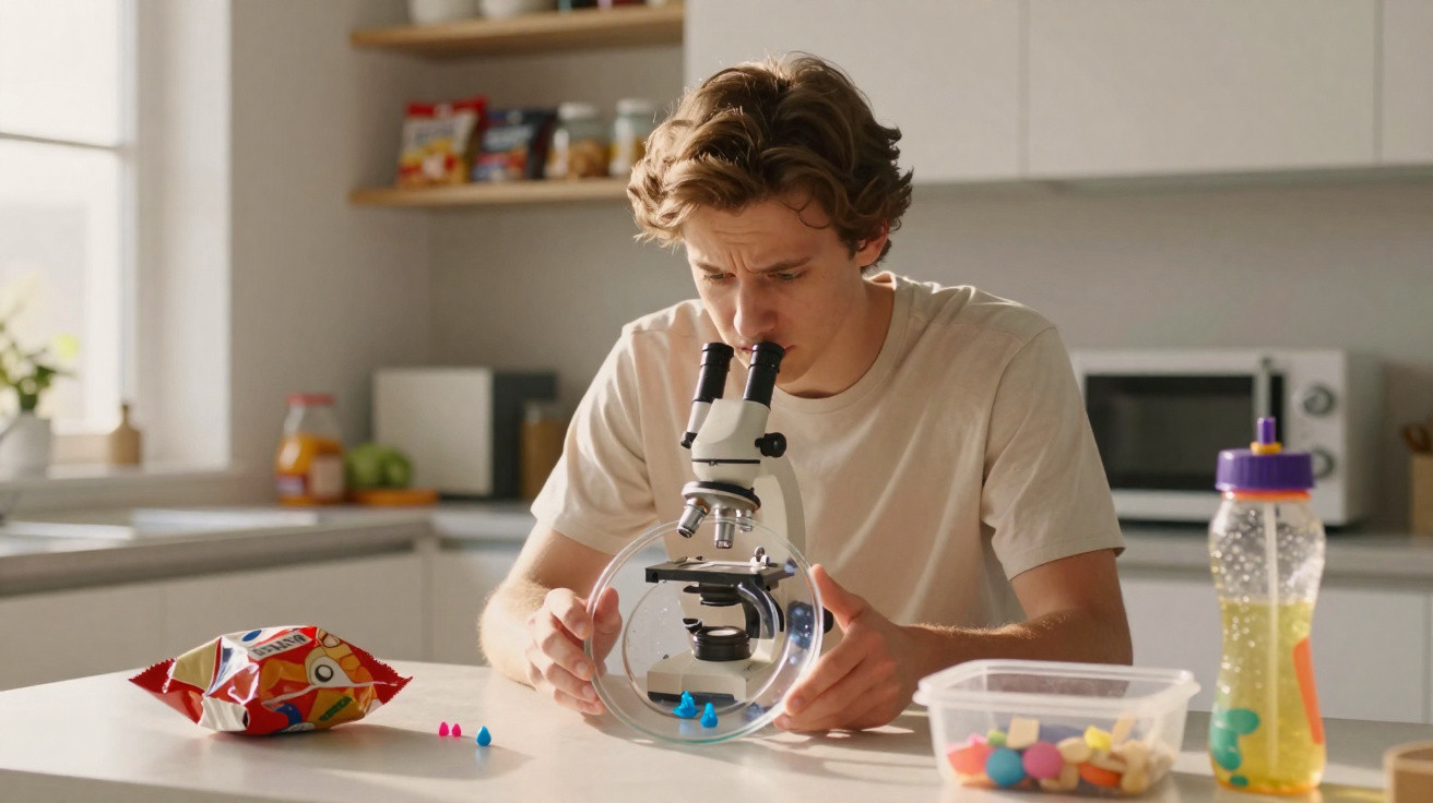 Homem jovem observa gotas coloridas através de um microscópio na cozinha.