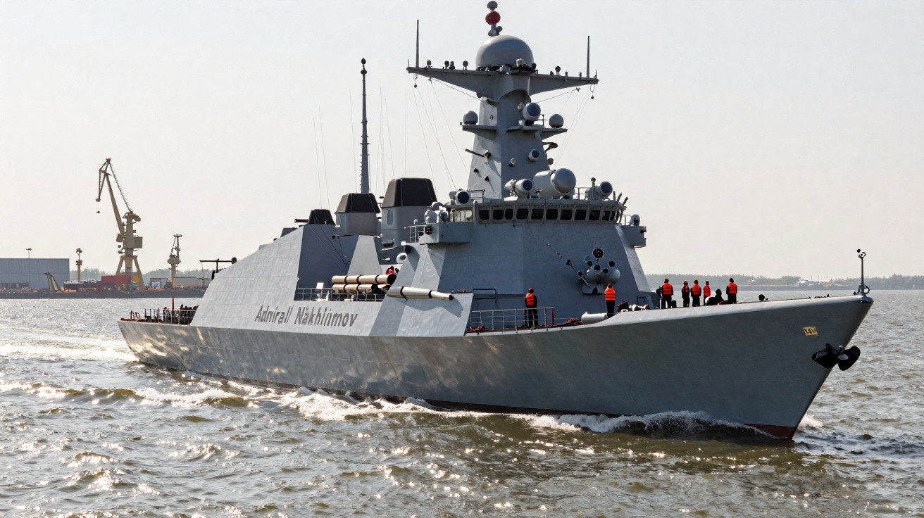 Navio de guerra cinza Admiral Nakhimov navegando em mar calmo com tripulação de coletes laranja.