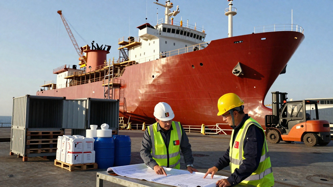 Dois trabalhadores com capacetes e coletes refletores analisam plantas junto a um grande navio vermelho atracado.
