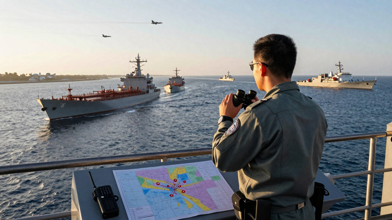 Militar observa frota naval com binóculos enquanto aviões sobrevoam o mar ao pôr do sol.