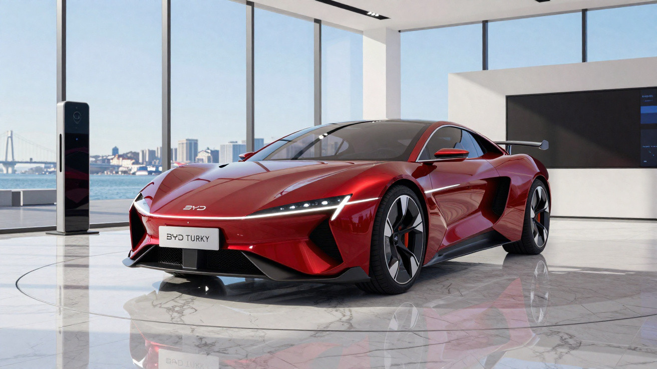 Carro desportivo elétrico vermelho estacionado dentro de um showroom com janelas grandes e vista para a cidade.