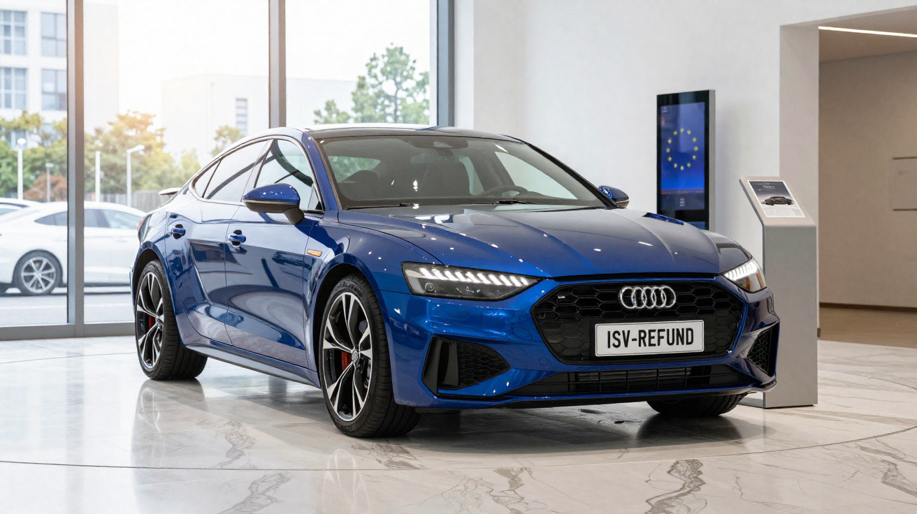 Carro desportivo azul Audi estacionado em pavimento interior de mármore numa sala iluminada.