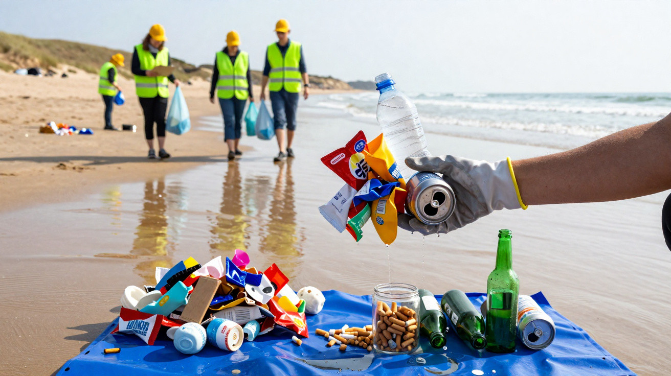 Voluntários com coletes e capacetes recolhem lixo na praia, com foco em mão a segurar resíduos para reciclagem.