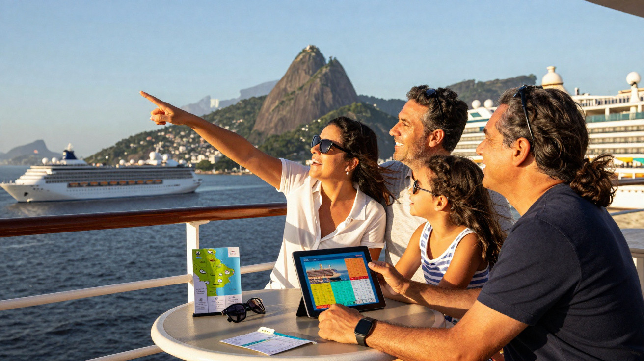 Família feliz no convés de um cruzeiro com vista para montanha e navios no mar ao pôr do sol.