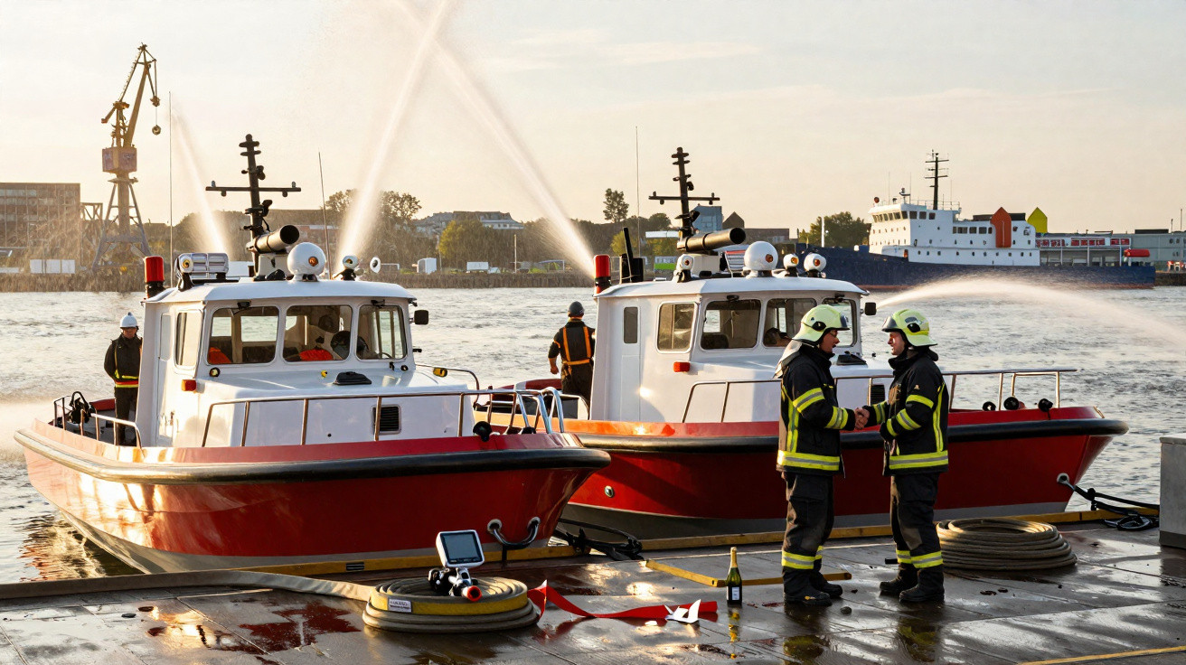 Duas embarcações de bombeiros com jatos de água em cais, bombeiros de equipamento completo a conversar.