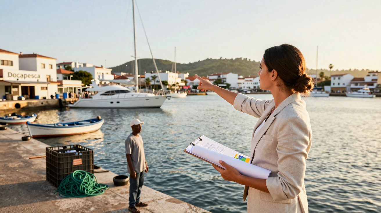 Mulher com bloco de notas aponta para o mar num porto com barcos e homem ao fundo ao pôr do sol.