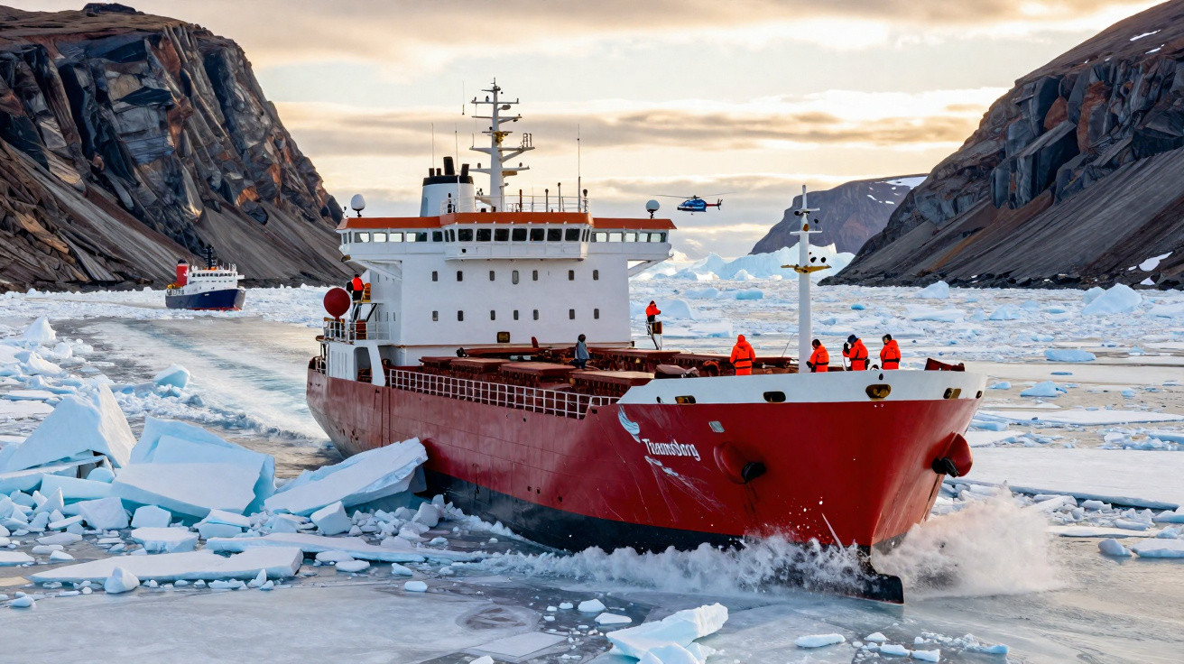 Navio vermelho a navegar entre blocos de gelo no mar gelado, com tripulantes com casacos laranja e helicóptero ao fundo.