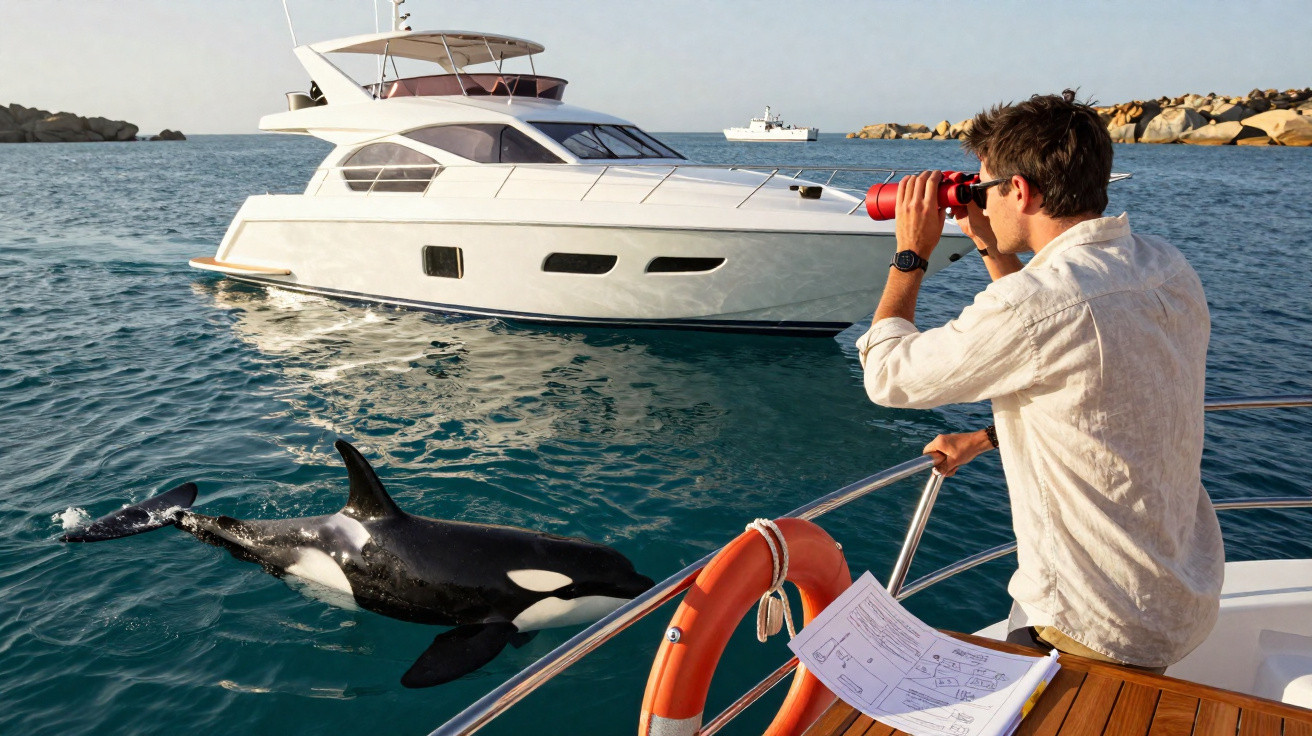 Homem observa orca nadando próximo a iate branco num mar calmo, segurando binóculos e com mapas na mão.