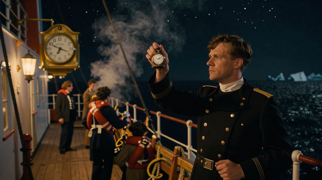 Oficial de navio observa relógio de bolso no convés à noite, com icebergues ao fundo e passageiros a bordo.