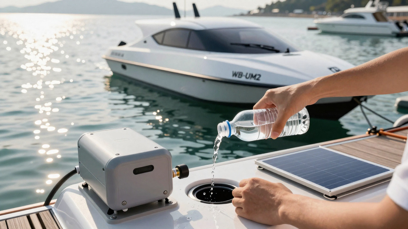 Pessoa a verter água numa máquina de desalinização de água num barco com iate ao fundo.
