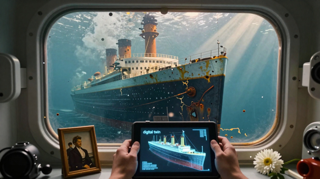 Navio antigo submerso visto através de escotilha, com tablet a mostrar modelo digital 3D do navio.