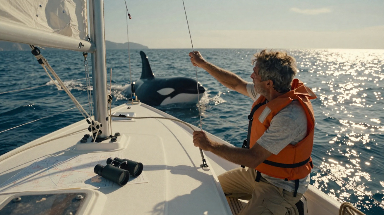 Homem com colete salva-vidas a velejar próximo de uma orca no mar calmo sob o sol.