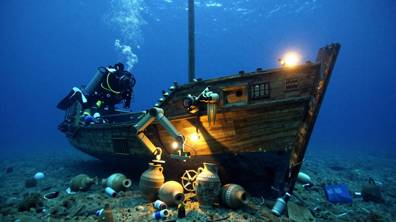 Mergulhador explora naufrágio com robôs e ânforas no fundo do mar iluminado por luzes subaquáticas.