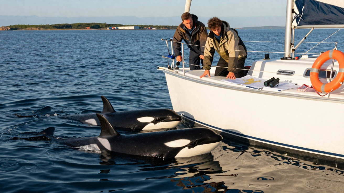 Duas pessoas observam duas orcas perto de um veleiro num mar calmo ao pôr do sol.