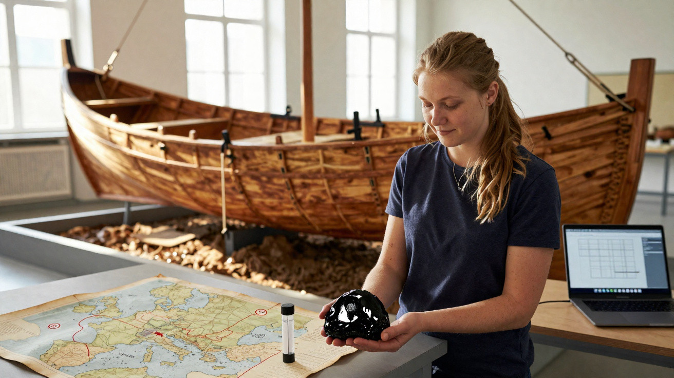 Mulher numa sala de exposição histórica segurando crânio preto com mapa e barco de madeira ao fundo.