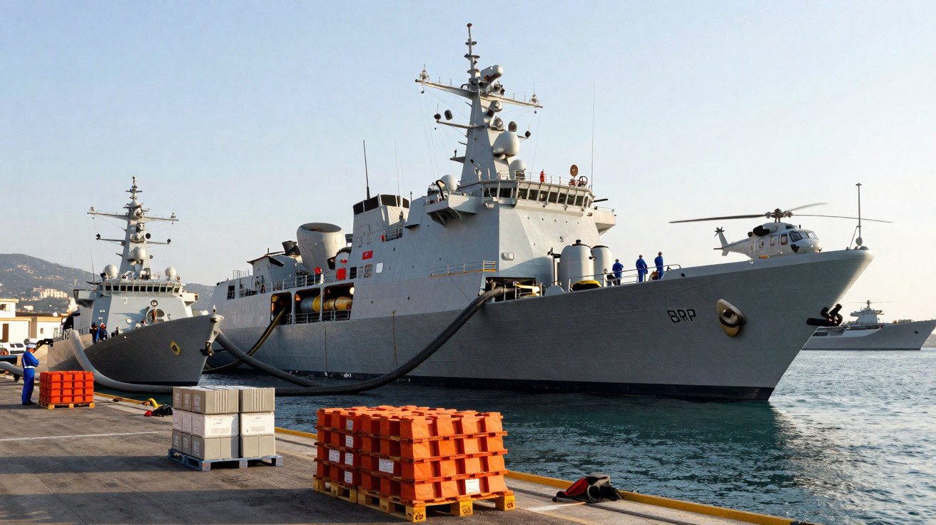 Fragata da marinha ancorada no porto com helicóptero na proa e caixas empilhadas no cais.