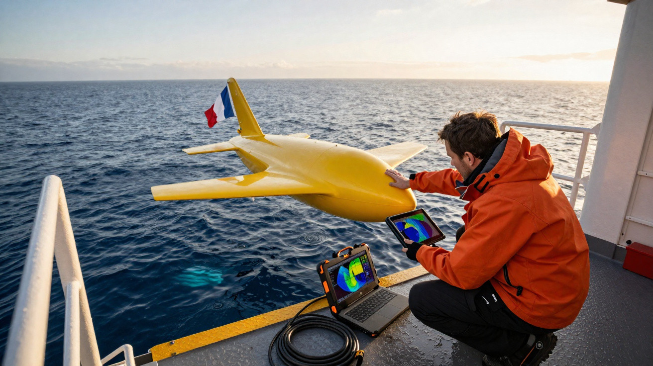 Homem com casaco laranja prepara drone amarelo para lançamento no mar a partir de barco ao pôr do sol.