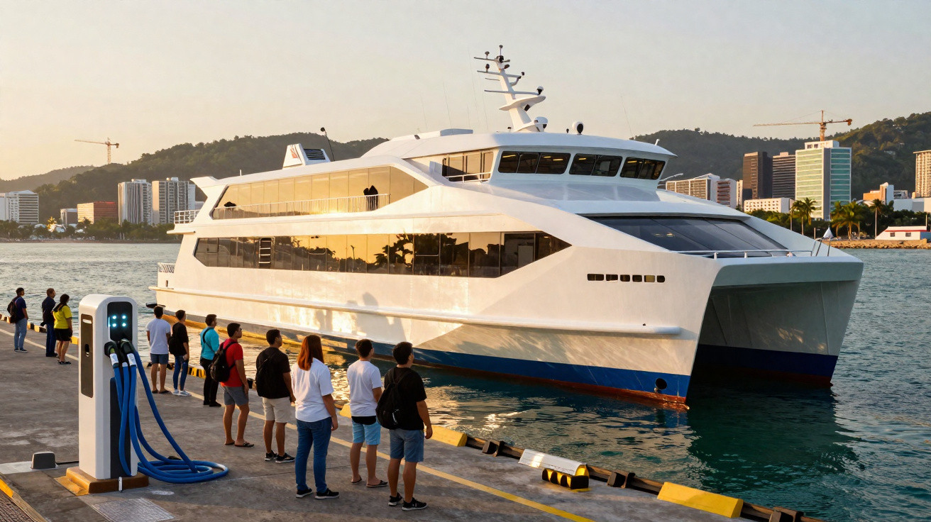 Maioria das pessoas à espera de embarcar num grande ferry elétrico branco atracado num porto ao pôr do sol.