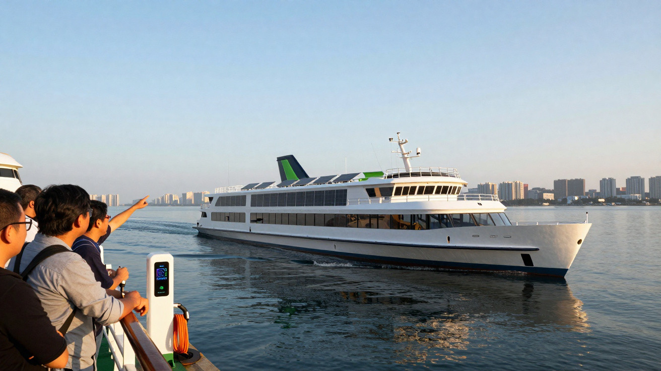 Grupo de pessoas observando um grande ferry branco navegando num rio com edifícios ao fundo ao pôr do sol.