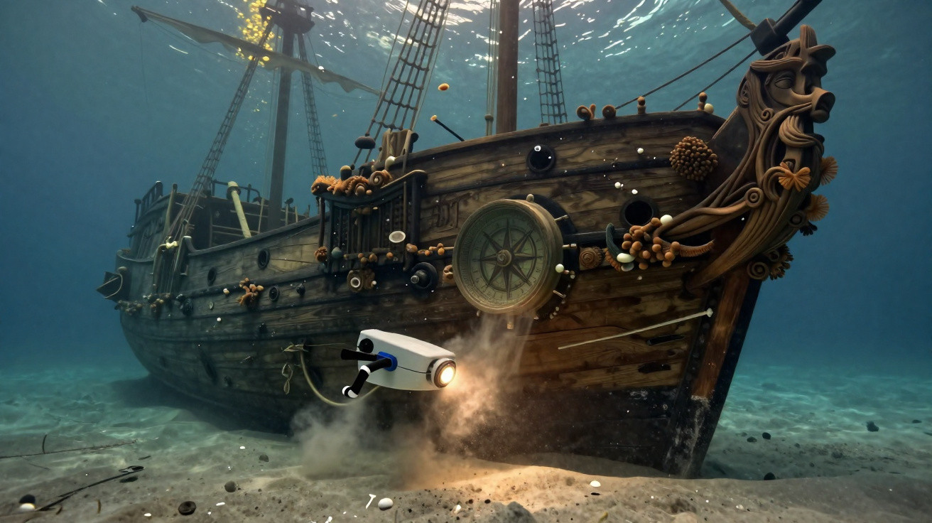 Navio pirata submerso com um drone submarino iluminando o casco decorado com molduras de madeira.