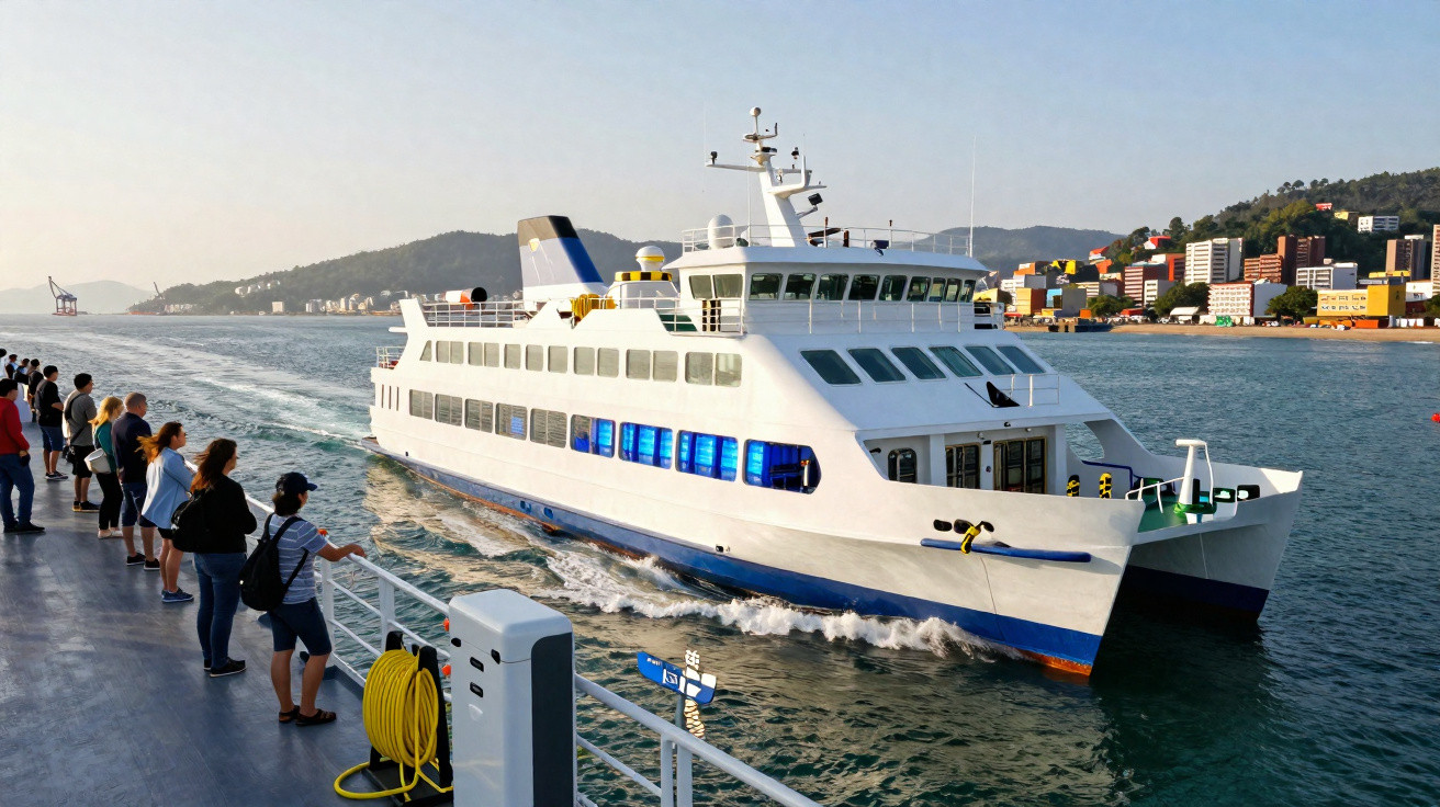 Ferry branco com luzes azuis a aproximar-se do porto enquanto pessoas observam do convés numa manhã clara.