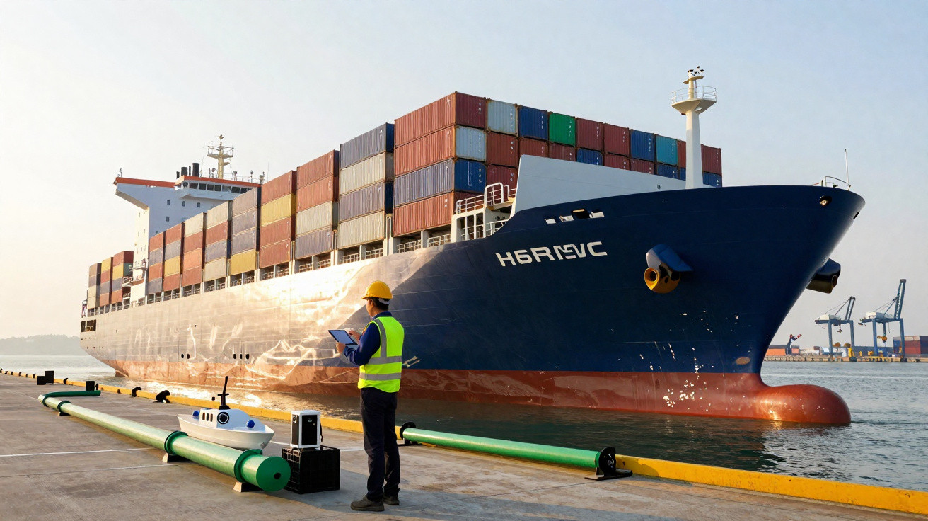 Homem de colete e capacete amarelo inspecciona navio porta contentores no porto ao pôr do sol.
