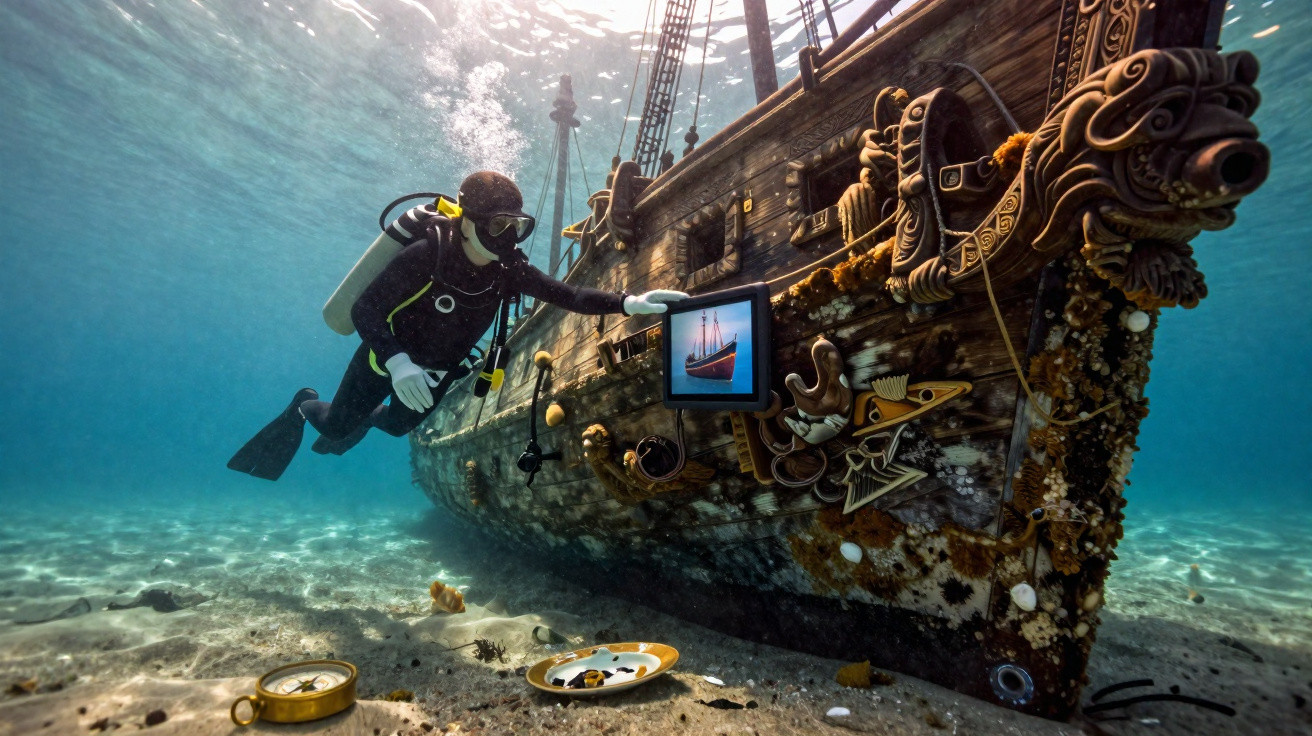 Mergulhador explora navio pirata submerso com objetos antigos no fundo do mar cristalino.