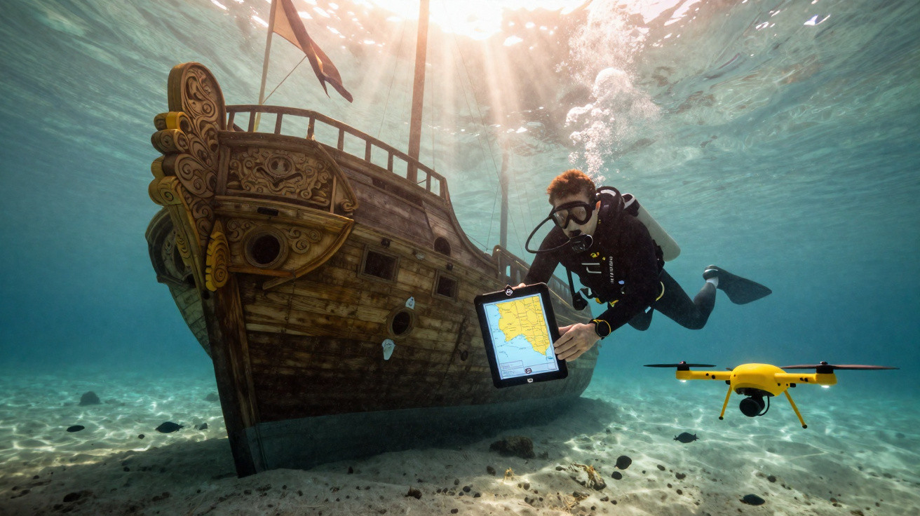 Mergulhador com equipamento de mergulho segura tablet digital junto a naufragado de madeira com drone amarelo submerso.