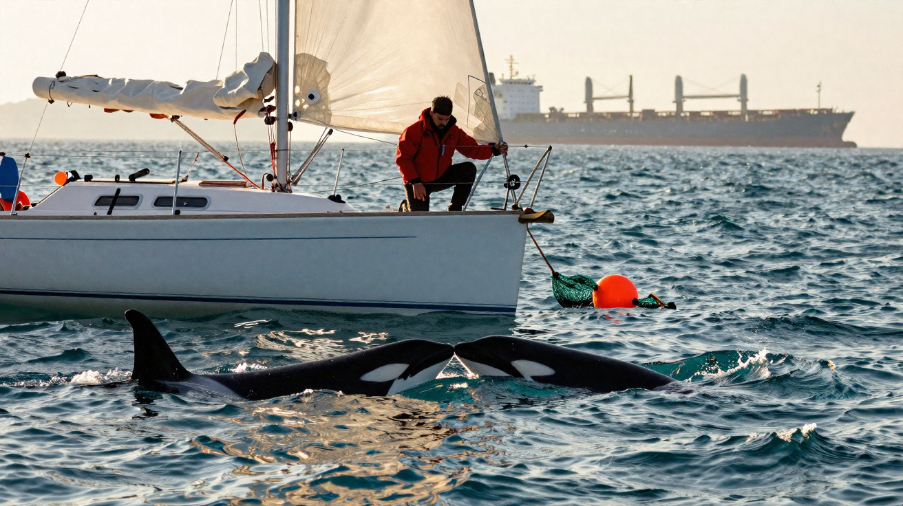 Homem num veleiro observa duas orcas nadando próximas na superfície do mar.