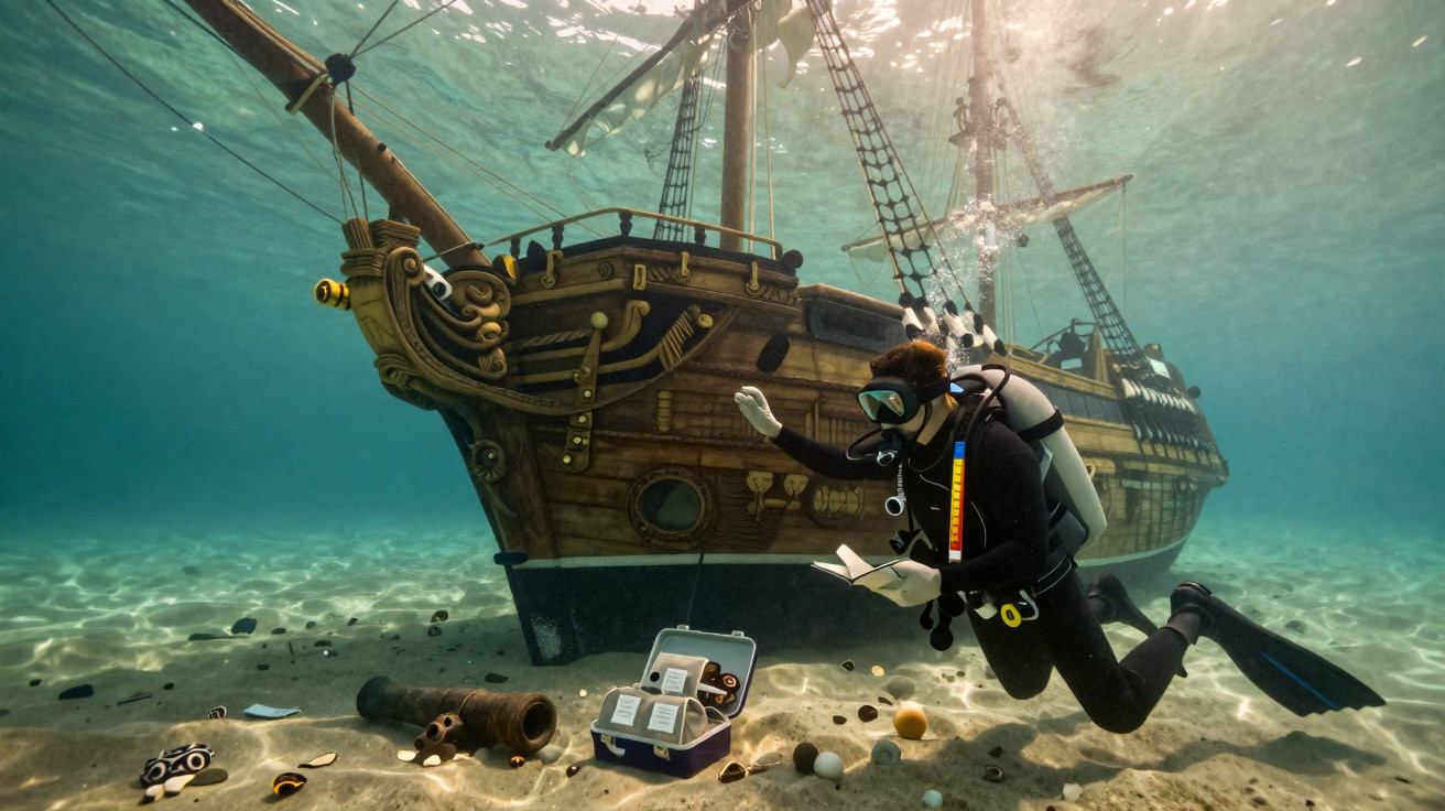 Mergulhador explora destroços de navio pirata antigo com canhão e tesouros no fundo do mar.