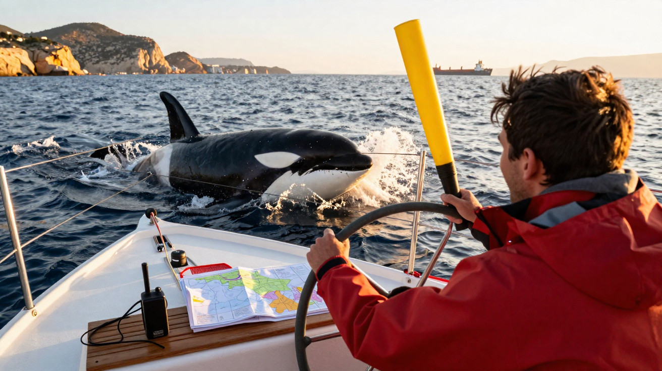Homem num barco observa uma orca que nada próxima da proa, com costas rochosas ao fundo e mar calmo.
