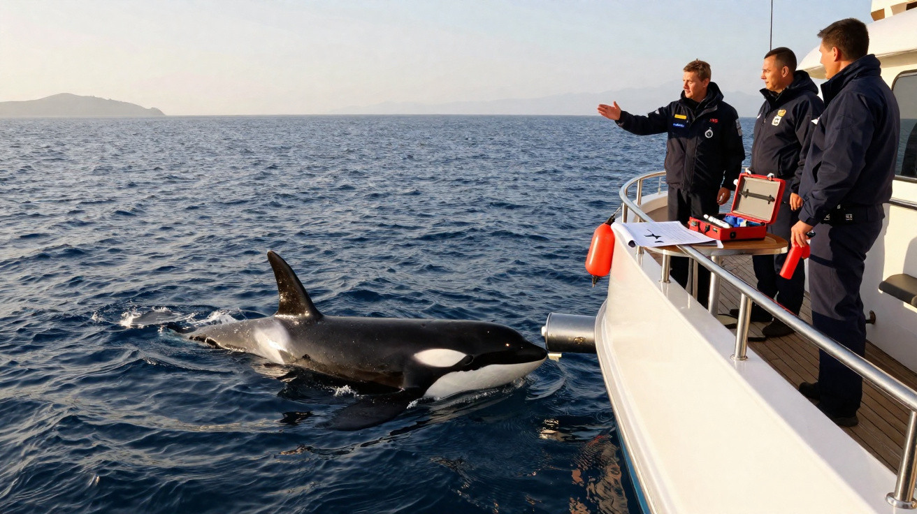 Três homens observam e interagem com uma orca junto a um barco no mar calmo ao pôr do sol.