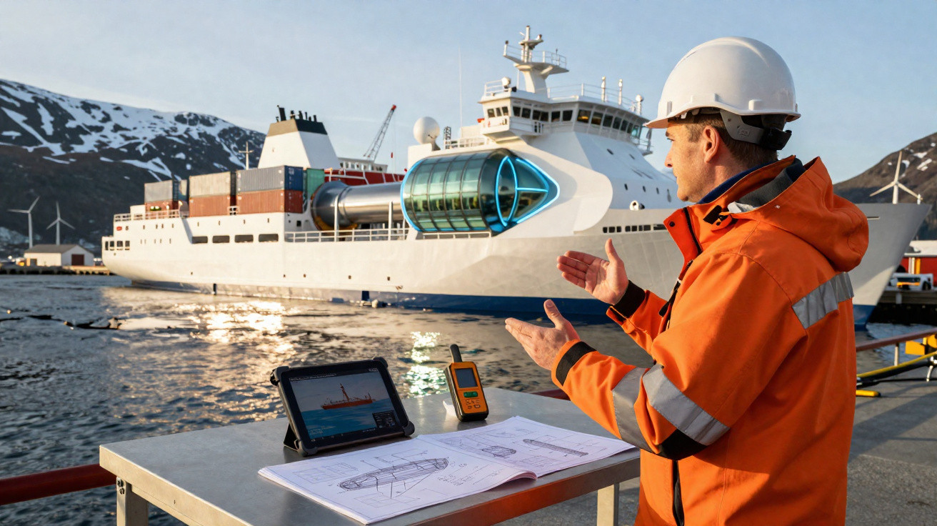 Homem com capacete e casaco laranja observa e gesticula para navio tecnológico ancorado junto a cais.