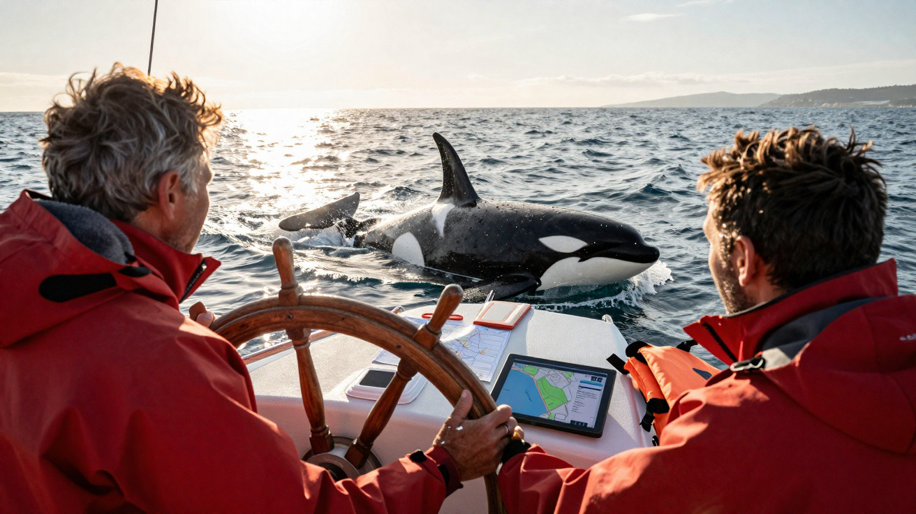 Duas pessoas de casacos vermelhos num barco observam uma orca nadando perto ao pôr do sol no mar.