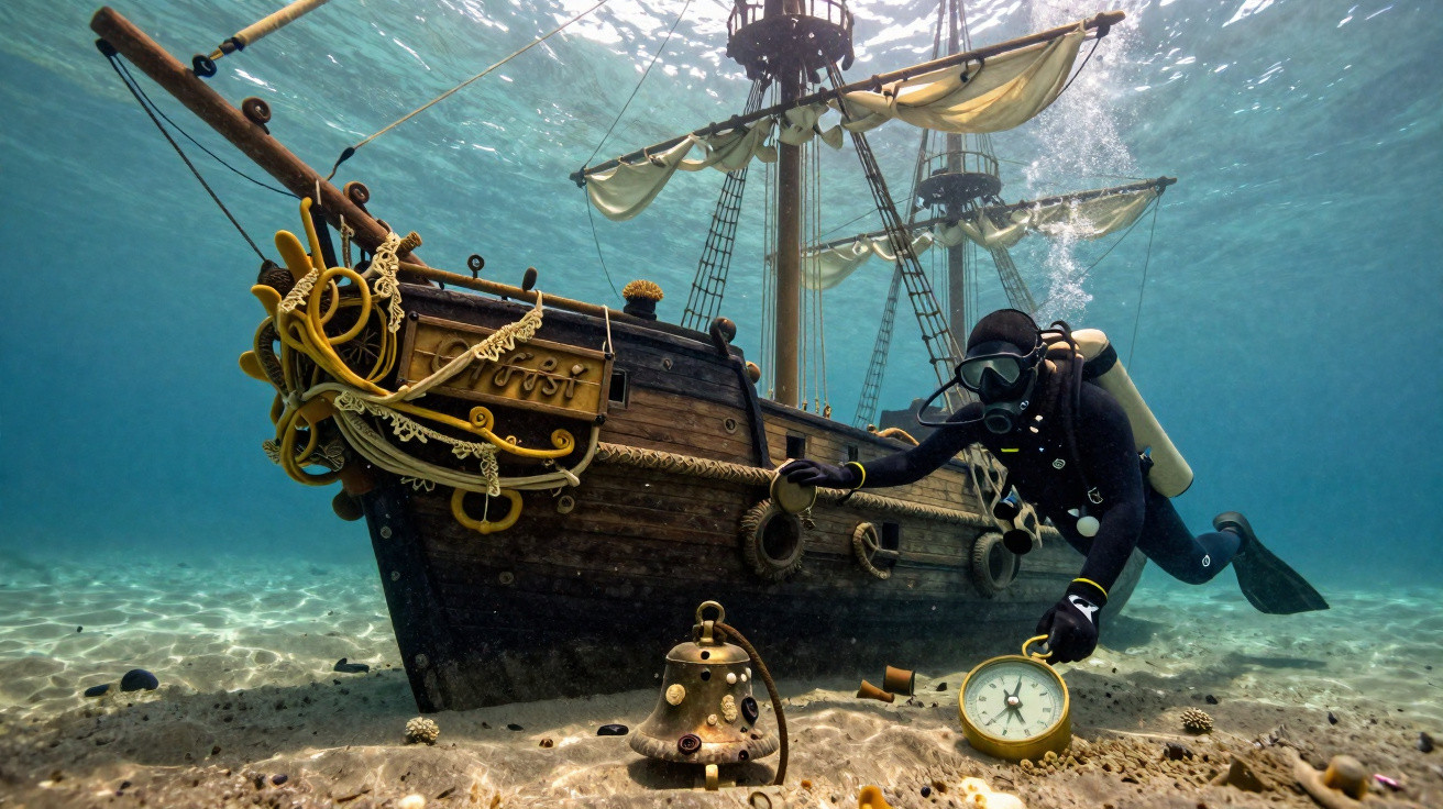 Mergulhador explora navio pirata submerso, segurando bússola, no fundo do mar com areia e objetos antigos.