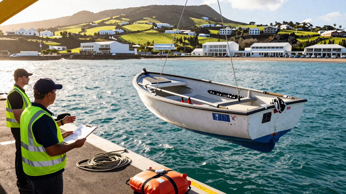 Dois homens com coletes refletores inspecionam um barco suspenso por um guindaste junto a um cais.