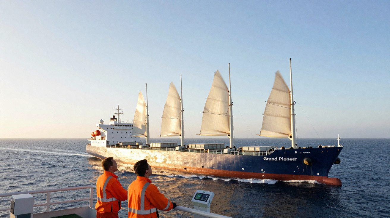 Navio cargueiro Grand Pioneer com velas solares em mar calmo ao pôr do sol, visto de outro navio com duas pessoas de colete l
