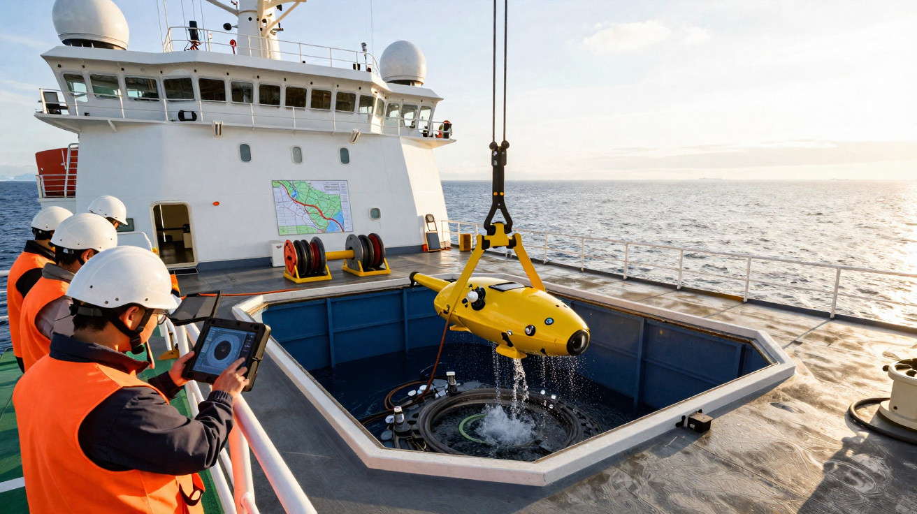 Equipas em coletes e capacetes a operar um drone subaquático amarelo num navio em mar aberto ao pôr do sol.