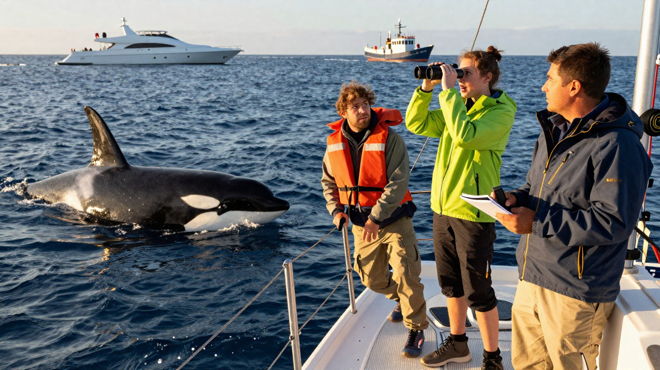 Três pessoas observam uma orca perto do barco, com dois outros barcos ao longe no mar calmo.